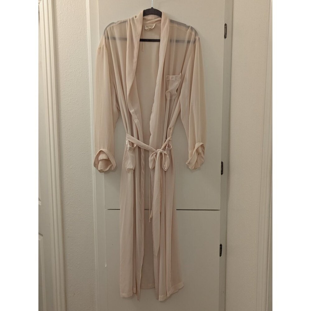 1980's Victoria Secret Sheer Beige Long Robe With Tie Waist & Pocket Detail